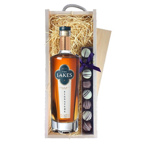 The Lakes Signature Single Malt Whisky 70cl & Heart Truffles, Wooden Box